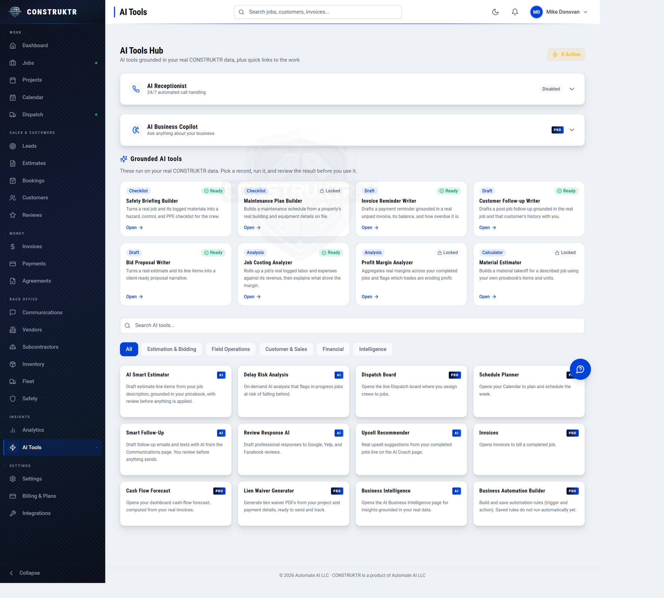 The CONSTRUKTR AI Tools hub, a grid of AI capabilities across estimating, field operations, customers, finance, and intelligence, with the AI Receptionist and AI Business Copilot featured.