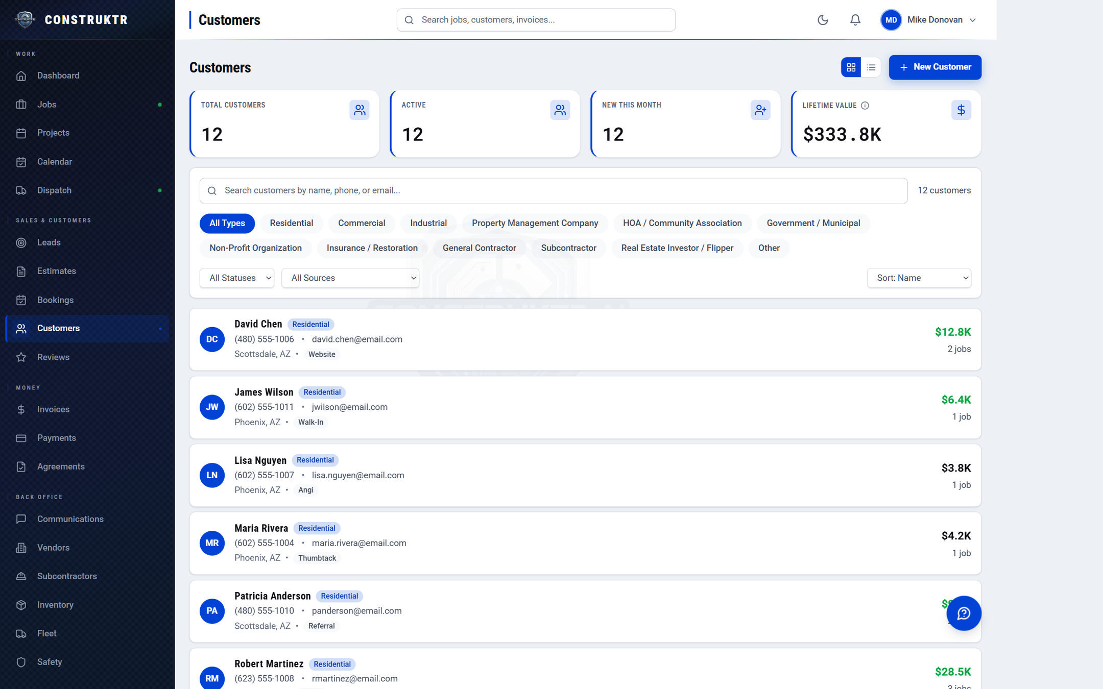 The CONSTRUKTR customers list with total customers, active count, and lifetime value, plus per-customer detail.