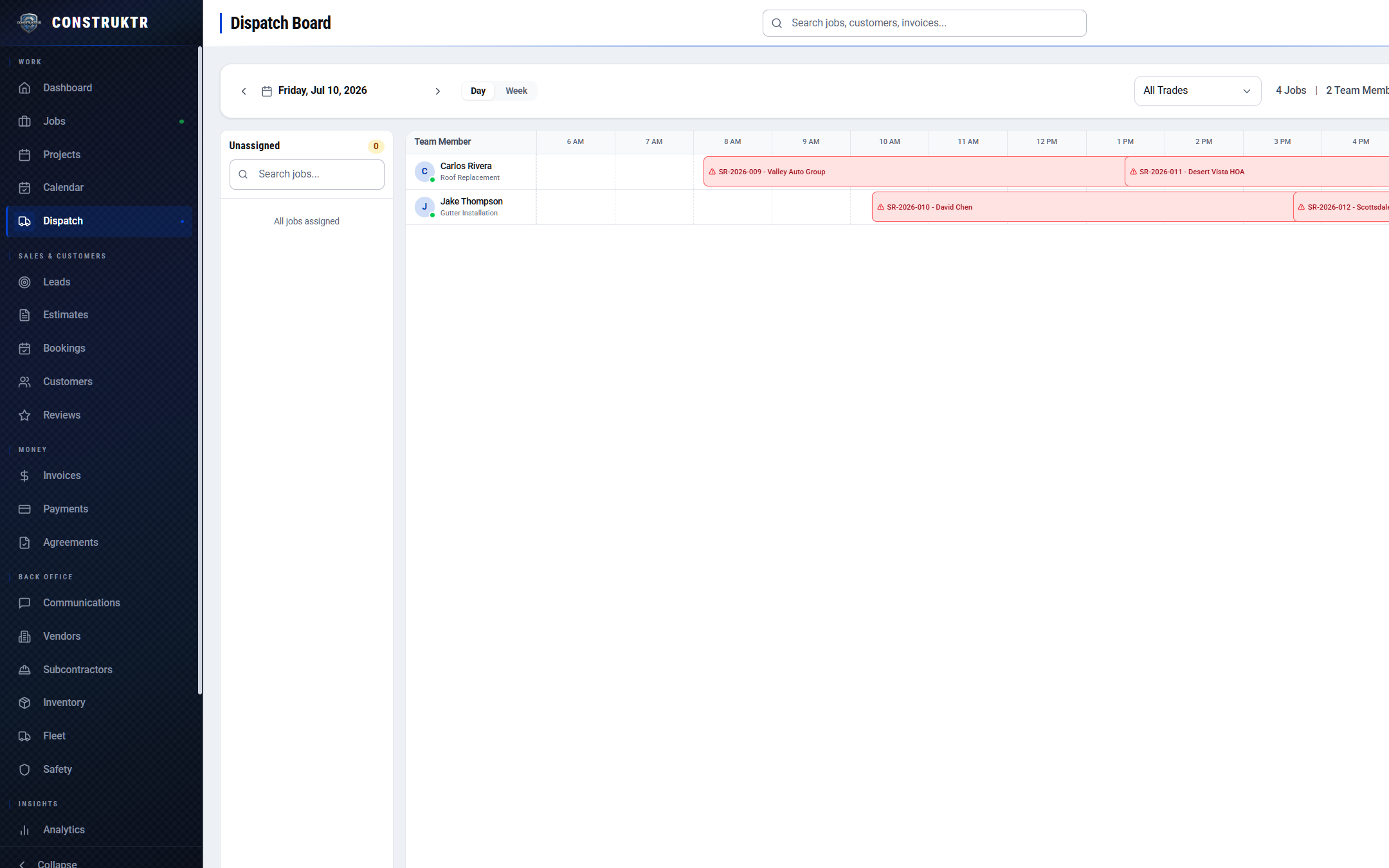 The CONSTRUKTR dispatch board, a day timeline with team members, an unassigned job queue, and an AI Optimize action.