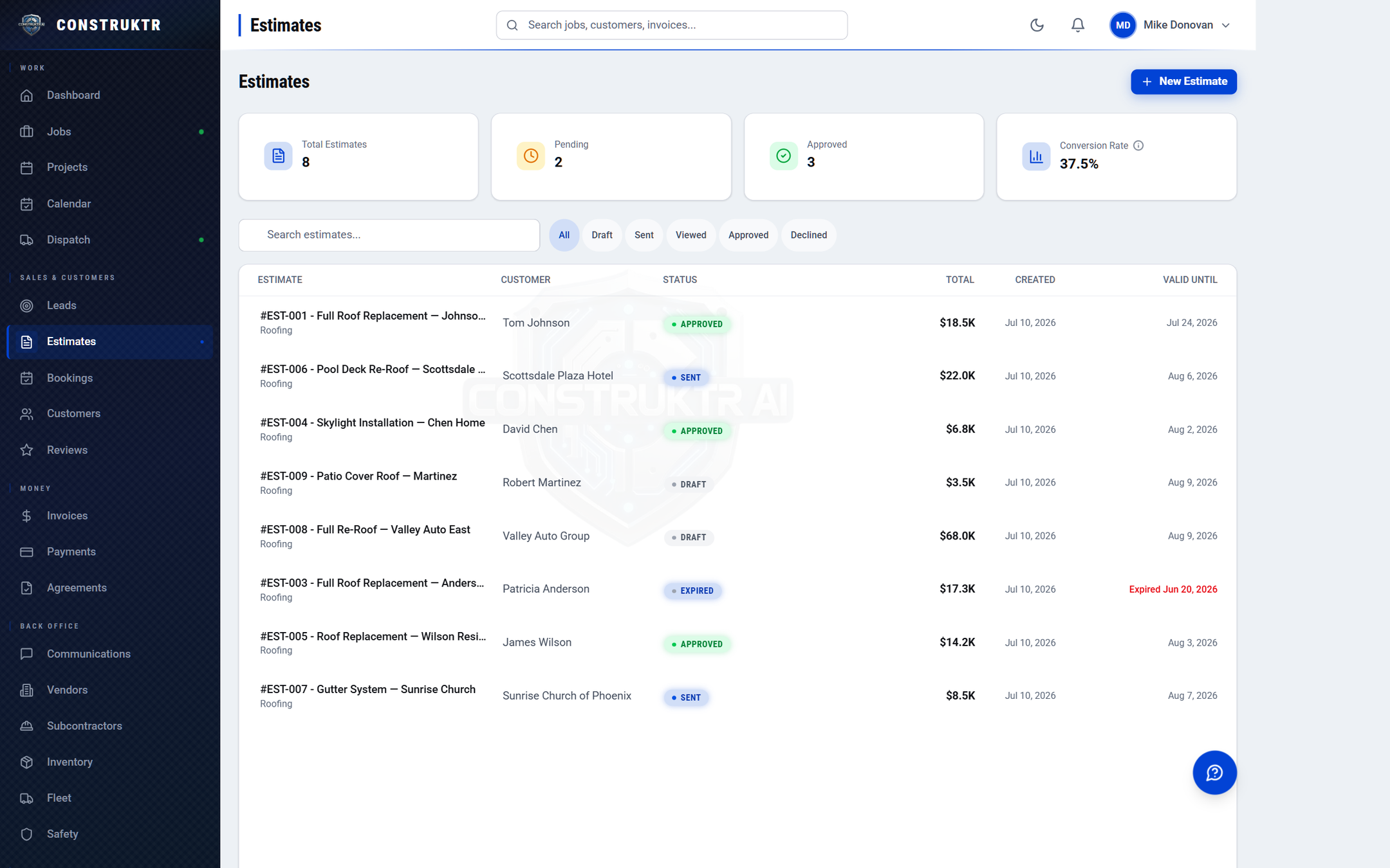 The CONSTRUKTR estimates list on the web platform, with customer names, amounts, and status for each estimate.